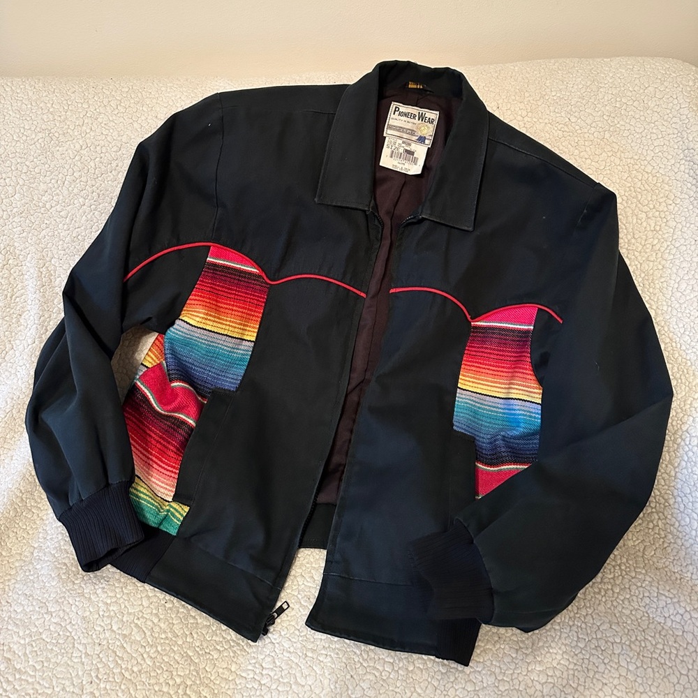 PIONEER Black Bomber Jacket with Colorful Serape Panels